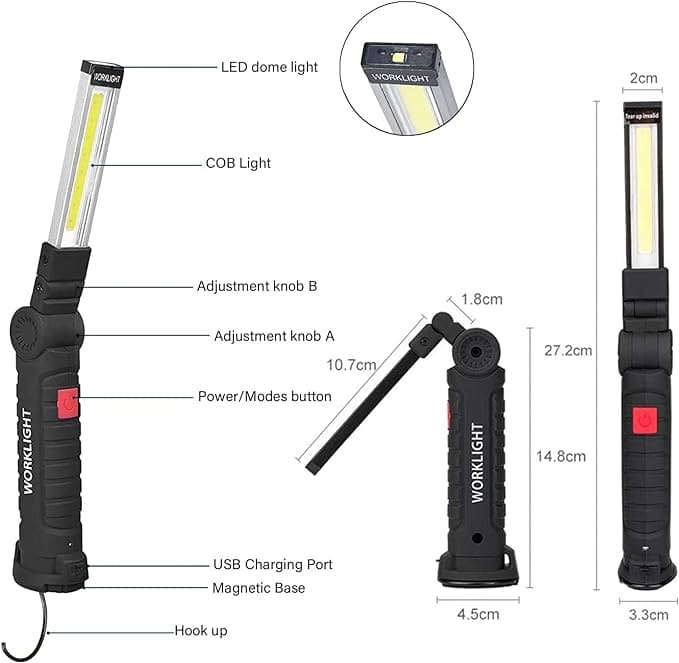 m MU Rechargeable LED Flashlight, Bright Work Lamp, USB Rechargeable COB Inspection Lamps, Portable Lamp with Magnetic Base and Hanging Hook, 5 Modes for Emergency Car Repair [Energy Class A]