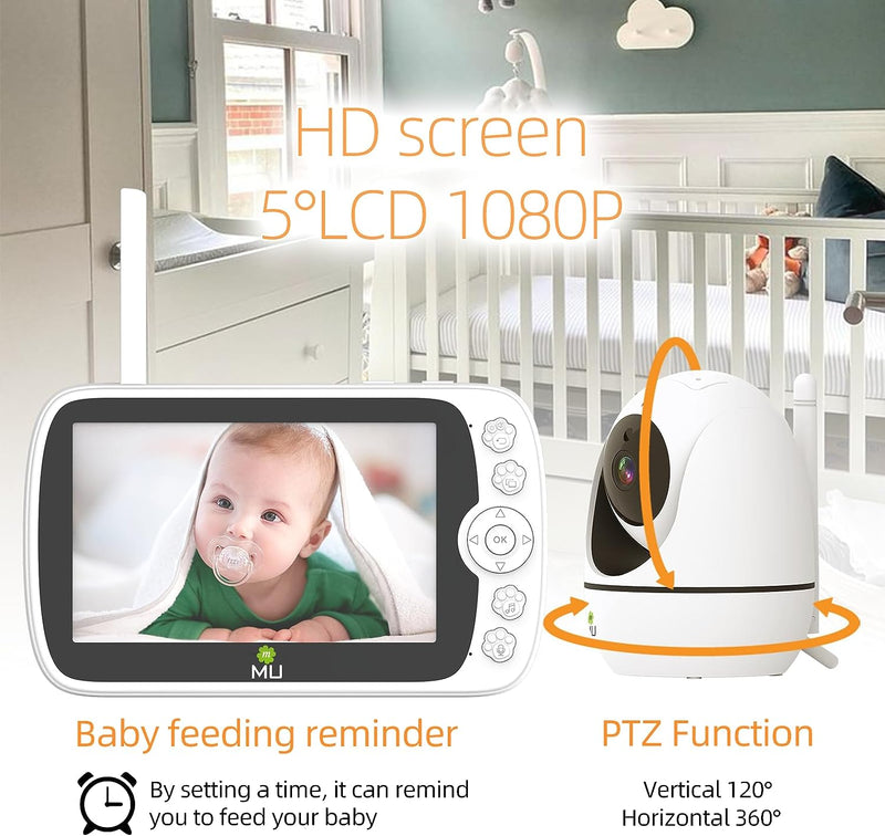 Baby Monitor Wireless No Wifi Video e Audio, Schermo LCD 5’’, 1080p Alta Risoluzione, Funzione VOX, Visione Notturna, Monitoraggio della Temperatura, 6 Ninna Nanne, Rotazione 350° (TV-BM308-5C-2MP)