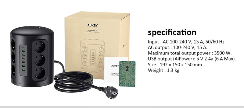 Aukey PA-S14 Torretta Multipresa Verticale Ciabatta Elettrica con 12 Prese e 6 Porte USB
