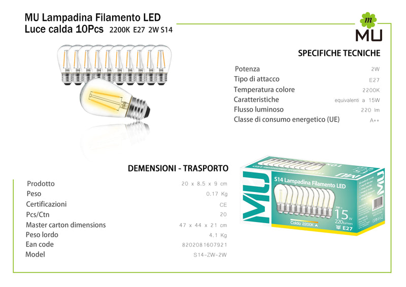 S14 Lampadina filamento LED Calda 2200k Pacco da 10 mulin