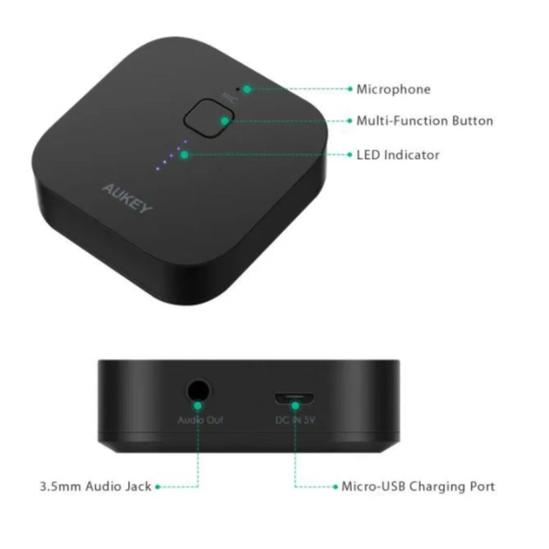 Aukey BR-C1 Ricevitore Bluetooth 5.0 Ricevitore Audio Wireless Portatile per Auto, Stereo, Sistemi Audio