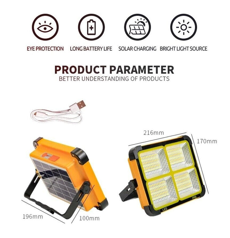 Portable LED Spotlight with Solar Charging and USB Cable 15W 20W 27W 35W Waterproof Long Lasting Lighting for Camping, Hiking, Fishing, Construction Sites, Black out