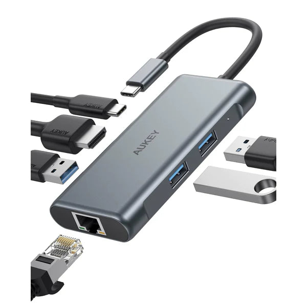 Aukey CB-C75 6 in 1 USB C Multi Hub: Ethernet, HDMI, USB, USB C 