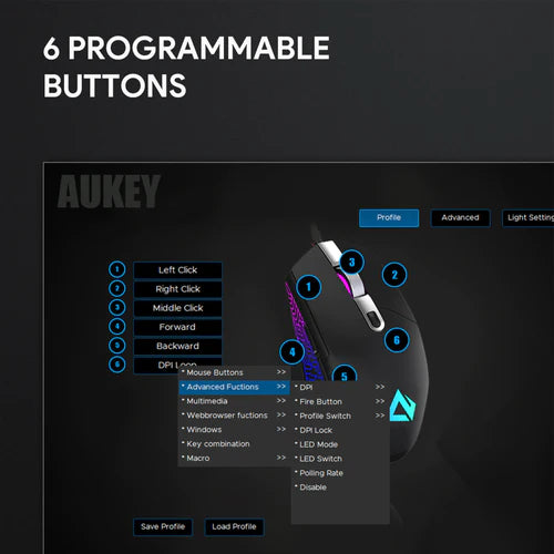 Aukey GM-F3 - Mouse da gioco RGB con filo e sensore ottico da 7200 DPI, 6 pulsanti programmabili, design leggero e macro