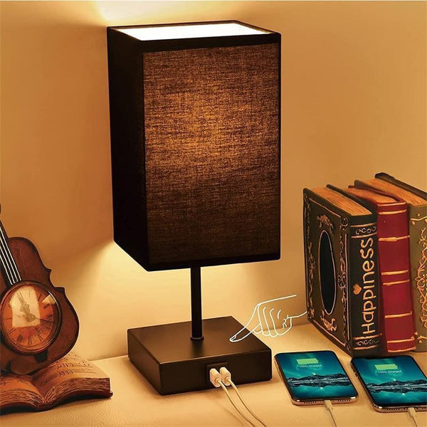Couple Table Lamp Abat Jour with USB Port to Recharge with 2 Bulbs Included Black and Beige Colors 