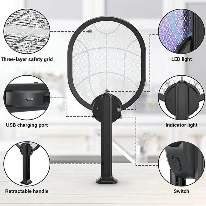 Electric Racket for Mosquitoes Swatter Foldable Rechargeable 3000V BLACK 