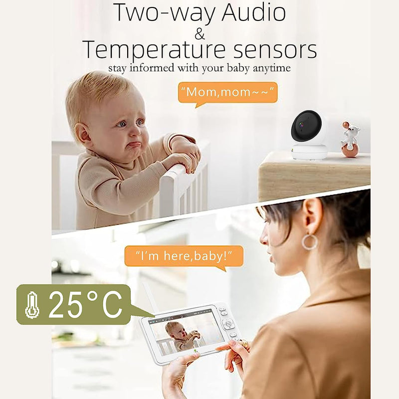 Baby Monitor Wireless No Wifi Video e Audio, Schermo LCD 5’’, 1080p Alta Risoluzione, Funzione VOX, Visione Notturna, Monitoraggio della Temperatura, 6 Ninna Nanne, Rotazione 360° (TV-BM268-2MP)