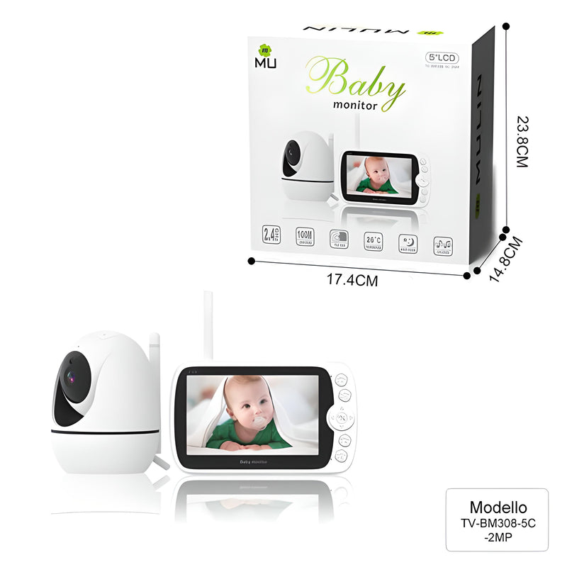 Wireless No Wifi Video and Audio Baby Monitor, 5'' LCD Screen, 1080p High Resolution, VOX Function, Night Vision, Temperature Monitoring, 6 Lullabies, 350° Rotation (TV-BM308-5C-2MP)