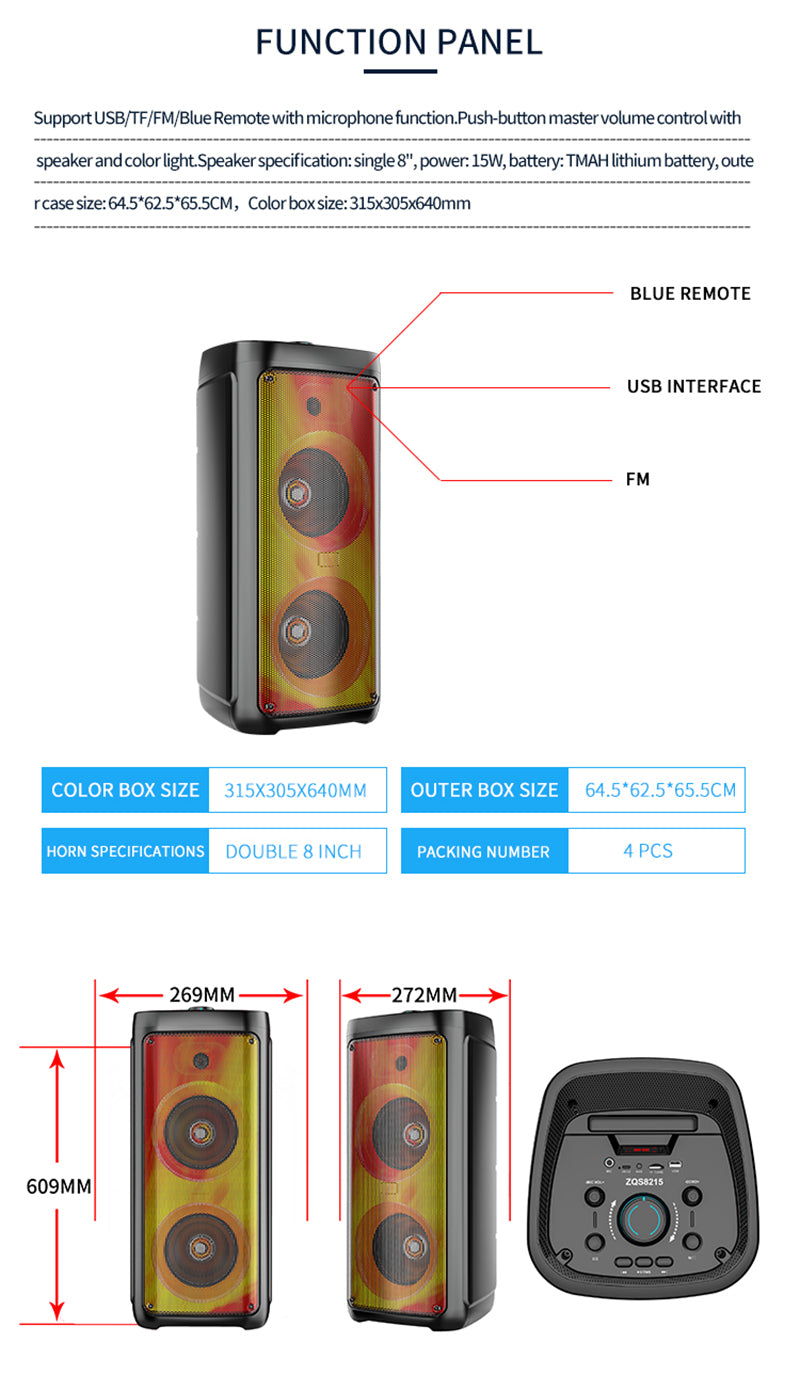 ZQS8215 Cassa Bluetooth Altoparlante Speaker Portatile LED RGB con Microfono