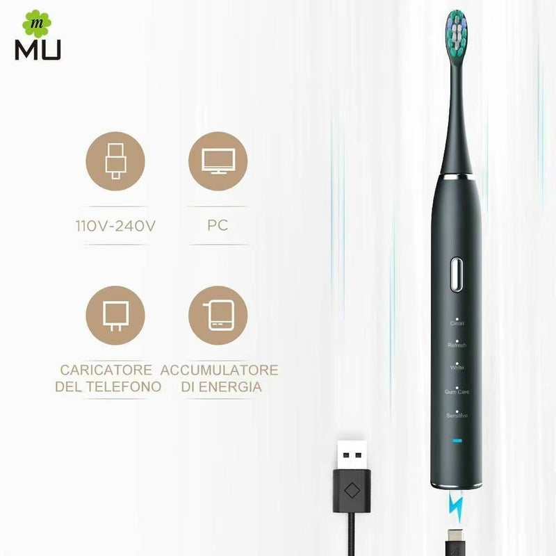 USB Rechargeable Sonic Electric Toothbrush 4 Brush Heads, 5 Modes, 1 Recharge = 30 days