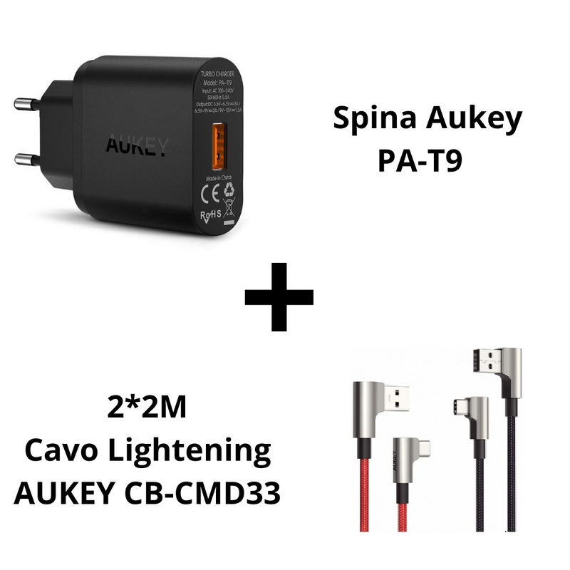 Aukey PA-T9 Spina Caricabatterie Veloce da muro 3.0 19.5W Cavi 2*2M in Omaggio
