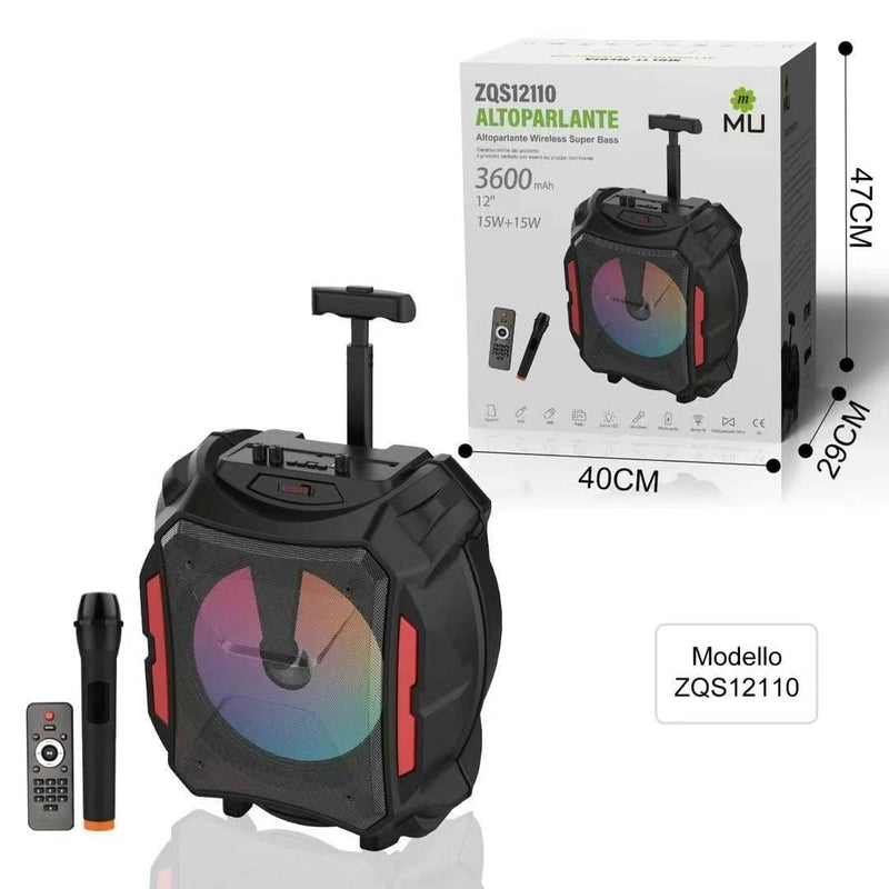 Cassa Altoparlante Bluetooth Ricaricabile Portatile a Trolley con luci RGB e Microfono incluso – Connessione Radio Bluetooth USB TF (modello m Mu ZQS12110)