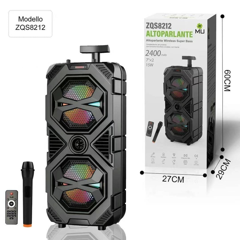 Cassa Altoparlante Bluetooth Ricaricabile Portatile a Trolley con luci RGB e Microfono incluso – Connessione Radio Bluetooth USB TF (modello m Mu ZQS8212)