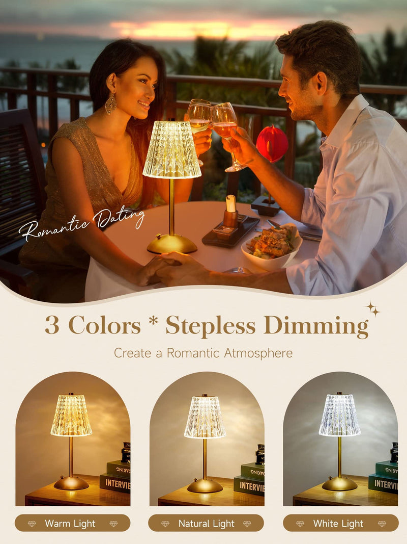Kabellose Tischlampe, dimmbare Kristall-Nachttischlampe, 3 Farben wiederaufladbare LED-Lampe, Nachttischlampe, Schlafzimmer, Wohnzimmer, Büro, Bar, Restaurants, Tischlampe 