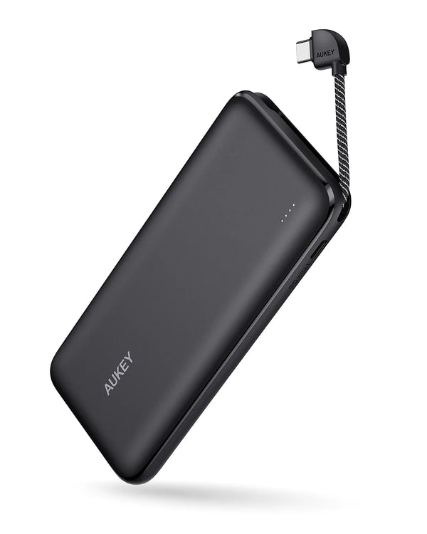 Aukey PB-N73C Power Bank Portable Charger 10,000mAh 18W Built-in USB-C Cable Fast Charging Compact Lightweight 