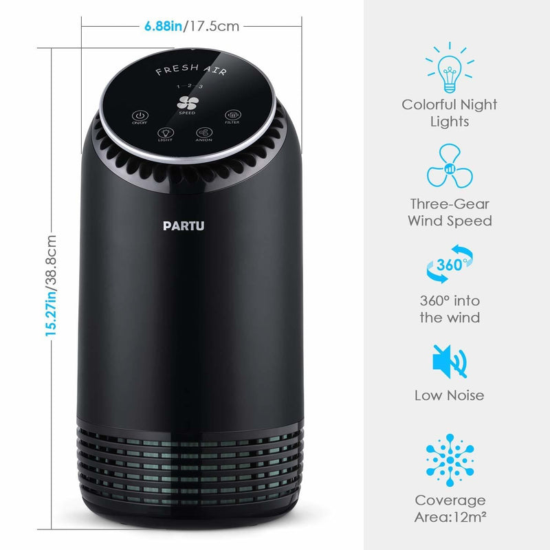 Partu BS-08 Air Purifier with True HEPA Filter and Activated Carbon 25dB Quiet for Home, Black
