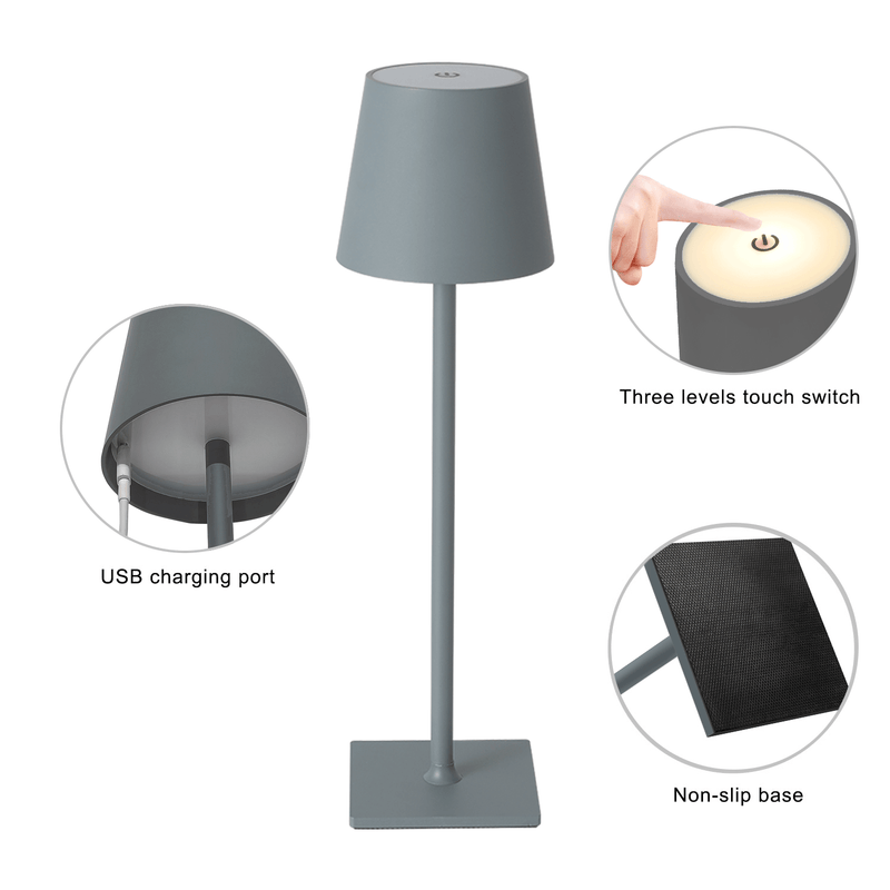 GRAY LED table lamp battery dimmable Wireless with warm white light 3 LED colors, for hotels bars restaurants bedroom home 