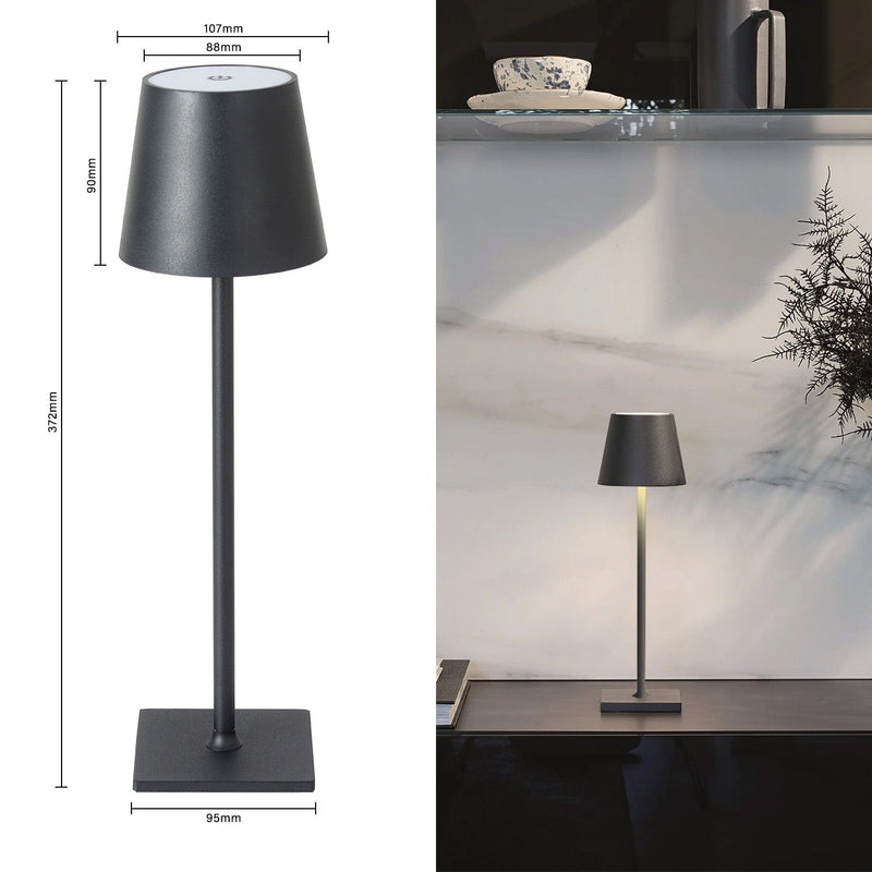 Table lamp BLACK LED battery dimmable Wireless with warm white light 3 LED colors, for hotels bars restaurants bedroom home 