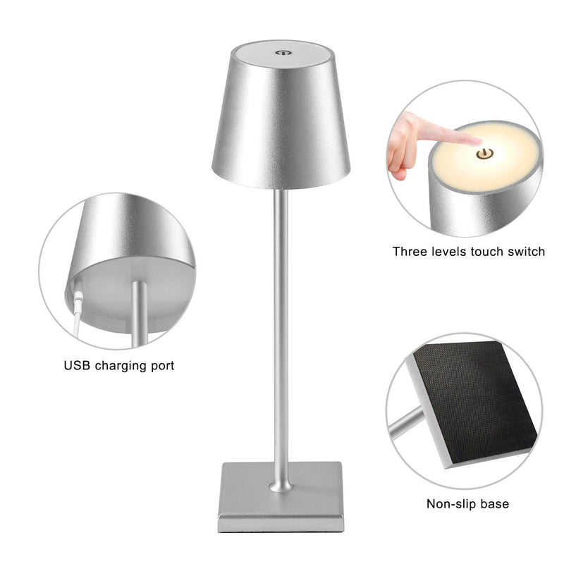 Table lamp SILVER LED battery dimmable Wireless with warm white light 3 LED colors, for hotels bars restaurants bedroom home 