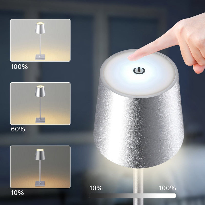 Table lamp SILVER LED battery dimmable Wireless with warm white light 3 LED colors, for hotels bars restaurants bedroom home 